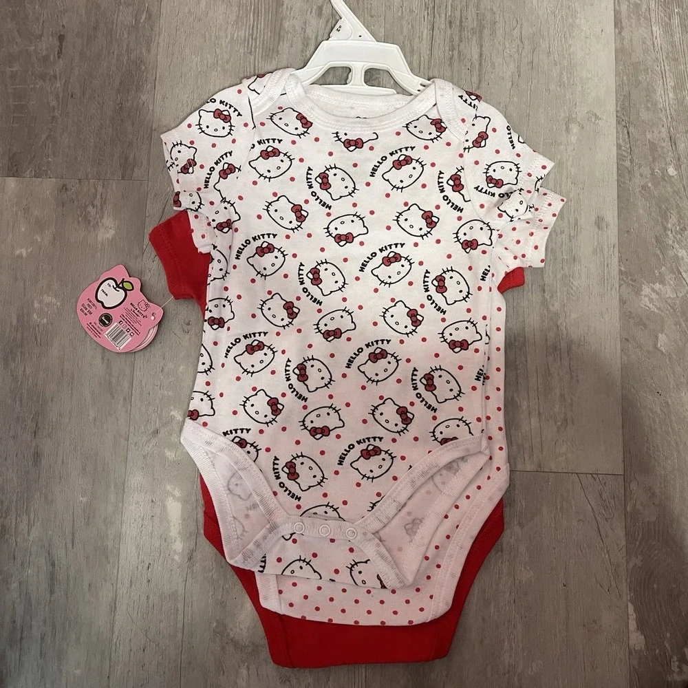 SANRIO HELLO KITTY Baby Girls' 3-Pack Bodysuit Set‎ sz 9M  Hearts Red Bag6
